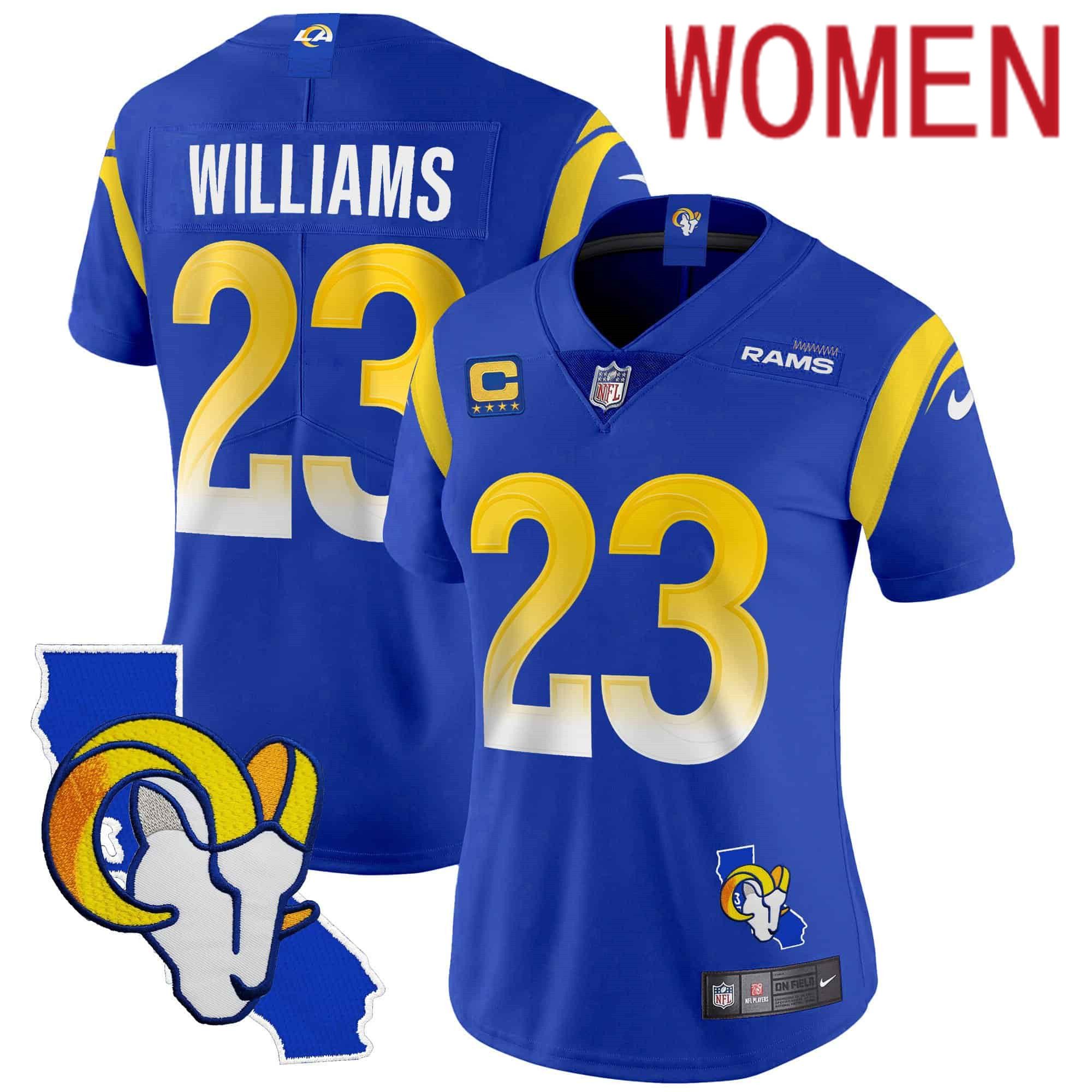 Women Los Angeles Rams #23 Williams Blue 2024 Nike California Patch Vapor Limited NFL Jersey style 1